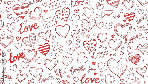 Hand drawn valentine hearts and love notes seamless pattern
