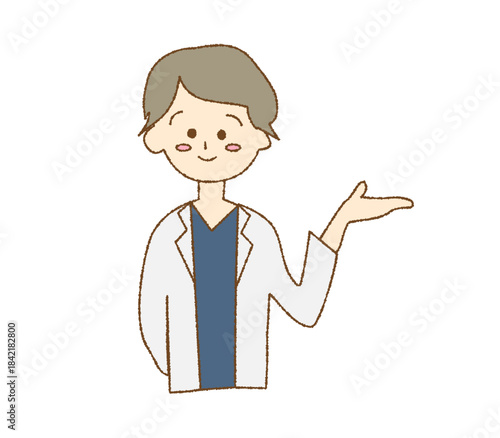 案内をする白衣の女性の可愛い手書き風イラスト