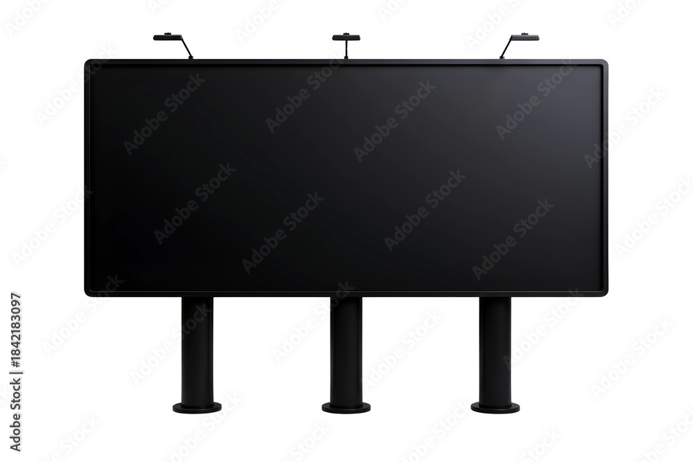 Fototapeta premium Blank black billboard with three microphones on top isolated on transparent background