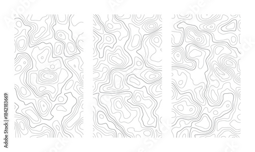 Set of vertical topographic map patterns isolated on transparent background. Line contour geographic abstract grid. Editable stroke. Topographic relief. Subtle white vector background. Map elevation