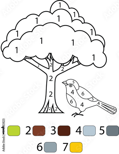 Colorful tree with a bird and numbered coloring page for kids