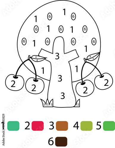 Coloring page of a tree with numbers for kids