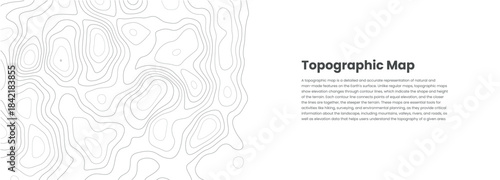 Horizontal wide banner with copy space and topographic line contour map design, geographic abstract grid map. Editable stroke. Vintage outdoors style white wave paper curved reliefs. Terrain map