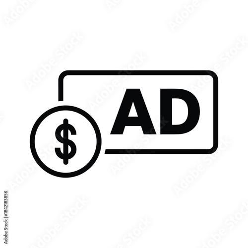 Advertising icon with dollar sign, pay per click concept, simple black and white vector graphic