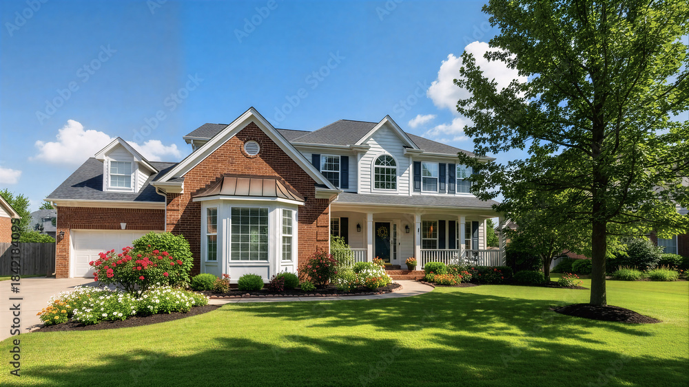 Fototapeta premium Classic Suburban Beautiful Landscaping and Well-Maintained Modern Colonial Style House