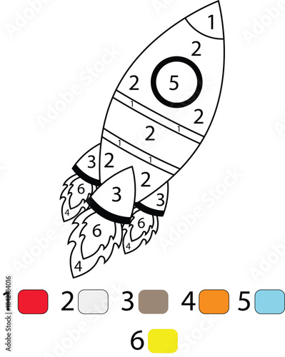 Colorful rocket ship with numbered sections for kids to color