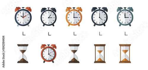 Clock and hourglass illustrations on black background time management concept