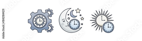 Clock icons representing time and seasons on black background