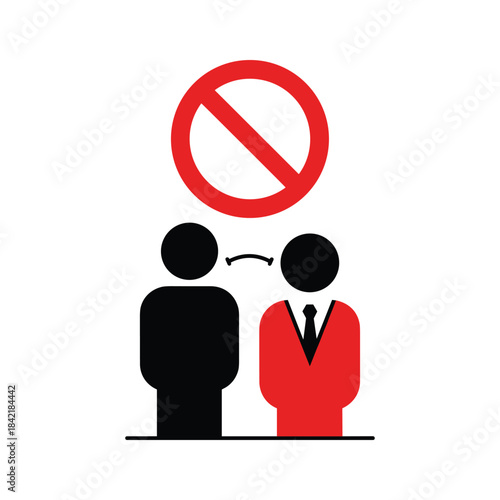 Prohibition of close contact between two people, social distancing violation icon, stop sign over people standing too close