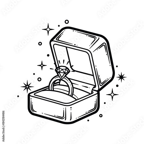 Hand drawn open jewelry box with sparkling diamond engagement ring inside, isolated on