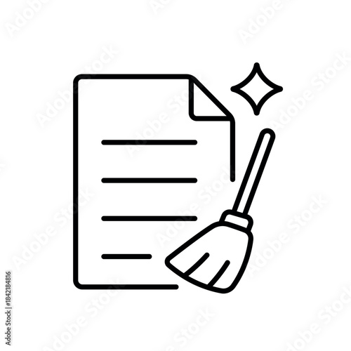 Vector icon of a document with a broom, representing AI-assisted data cleanup and organization, in line style with editable stroke