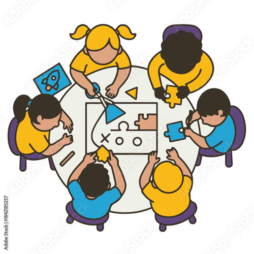 Children engaged in collaborative art projects at a round table fostering creativity and teamwork in a classroom setting