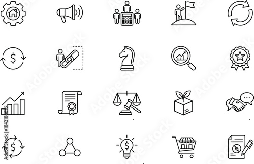 Large set of black and white outline vector icons representing business, finance, management, success, strategy, and legal concepts for web design.
