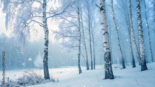 Wallpaper Mural Serene Snowy Birch Forest: A tranquil winter scene unfolds as pristine snow blankets a forest of slender birch trees. The air shimmers with falling snowflakes, conveying the magic of winter. Torontodigital.ca
