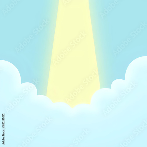 Uplifting golden light beam shining down from above, breaking through gentle stylized clouds in a vibrant blue sky, evoking feelings of inspiration and new beginnings