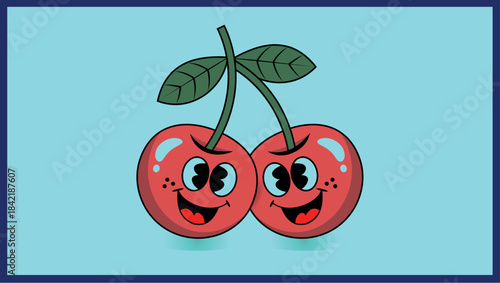 Two happy cartoon cherries with faces and stems