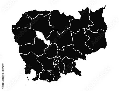 Detailed Black Silhouette Map of Cambodia with Province and Border Outline - Vector