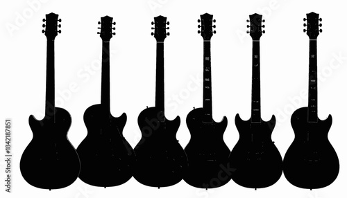 Silhouetted image featuring six solid-body electric guitars, each with a different headstock and body shape
