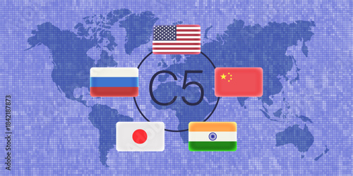 Vector political banner. Five flags of powers. USA, China, India, Japan and Russia. Pixelated world map. Abbreviation C5