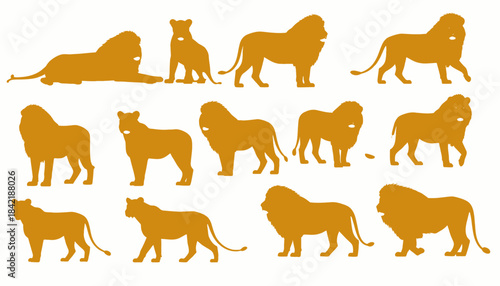 A collection of lion silhouettes, varying poses and stances, in a golden hue, against a white background