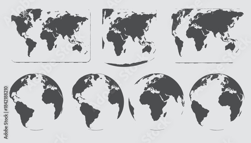Seven stylized world maps shown several flat projections and three-dimensional spheres