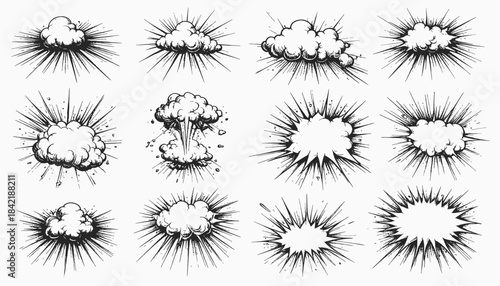 Black and white illustration of comic book explosion effects with cloud shapes and starbursts