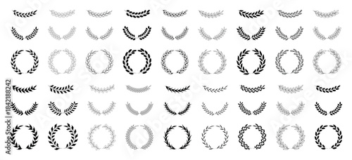 Circular laurel foliate icon set isolated on transparent background. Laurel crown and wreath, olive leaf branch set, award and winner icon, emblem of victory, sport heraldry symbol. Vintage elements