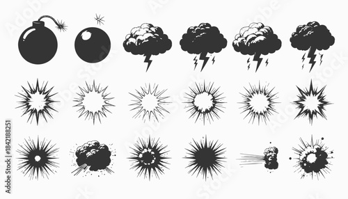 Collection of stylized illustrations depicting explosions, bomb, lightning, clouds, and bursts