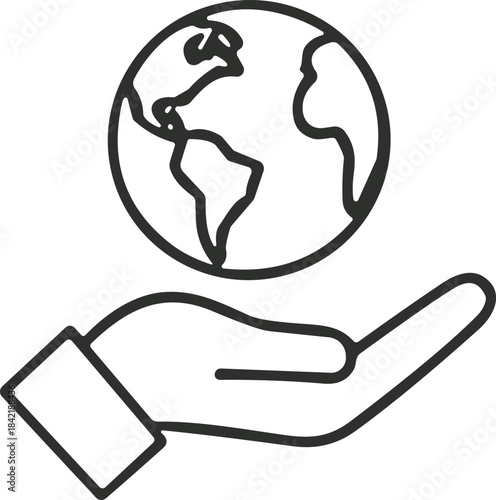 Hand holding Earth icon, global care symbol, environmental responsibility, planet protection, sustainability concept, eco stewardship, nature support, unity.