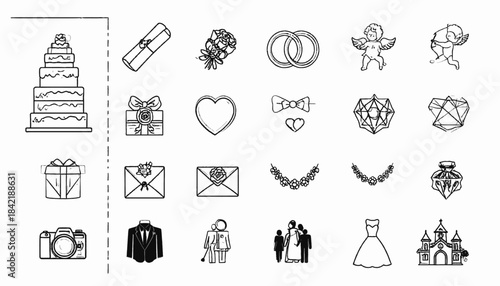 A collection of simple black and white illustrations related to weddings and celebrations