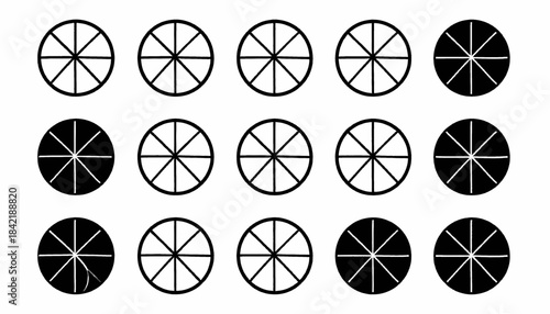 A grid of fifteen circles, alternating black and white, divided into eight sections by lines