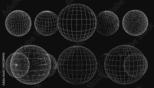 A dark field depicts multiple spheres outlined in white, various styles, overlapping or distant