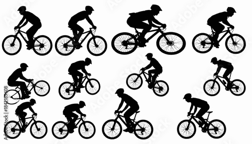 Black silhouettes of cyclists on bicycles are arranged against a white backdrop. Cyclists wear helmets