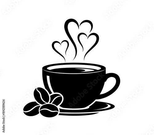 A bold black silhouette depicts a steaming coffee cup on a saucer next to three beans, with the hot vapor rising creatively to form three distinct, swirling heart shapes in the air above the rim