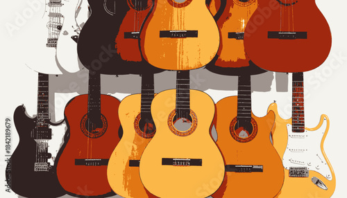 A collection of guitars in various colors, digitally stylized. Image features acoustic and electric models
