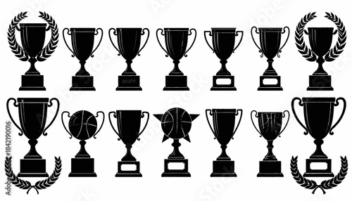 Silhouetted collection of various trophies and awards in black, designed for sports recognition