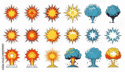 A collection of stylized explosion illustrations in a comic-book style