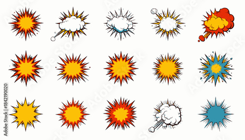 Collection of stylized, colorful explosion graphics with various burst shapes, smoke effects, and sharp elements