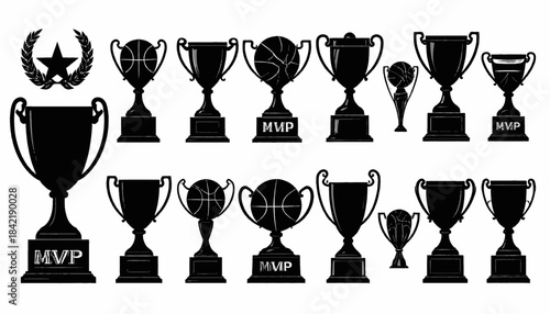 Silhouetted trophies, including some with basketballs, a star in a wreath, all in grayscale