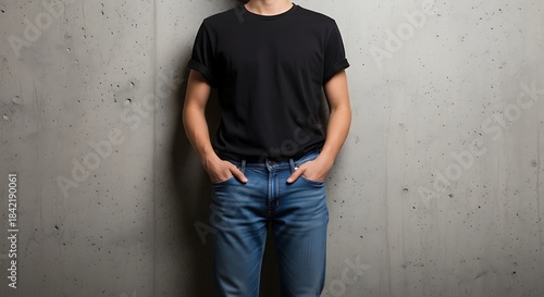 A young man in a black tshirt and blue jeans stands casually with his hands in his pockets against a textured concrete wall, showcasing a relaxed and modern style