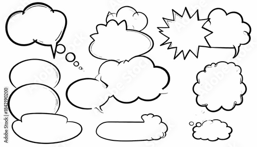 Collection of stylized, black outlined speech bubbles and thought clouds in various shapes on white