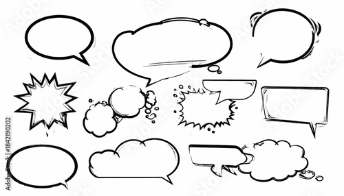 Collection of various sketched speech bubbles with thick black outlines on white background