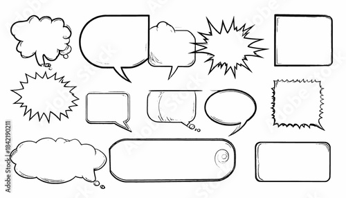 Collection of stylized comic book speech bubbles and starburst shapes in hand-drawn, black ink style
