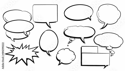 A collection of various comic book speech bubbles and sound effects, with black outlines
