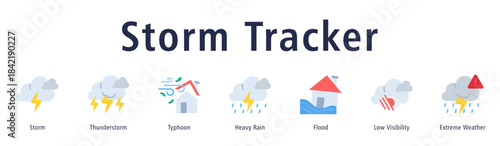 Storm Tracker web banner icon vector illustration with icons of Storm, Thunderstorm, Typhoon, Heavy Rain, Flood, Low Visibility, and Extreme Weather.