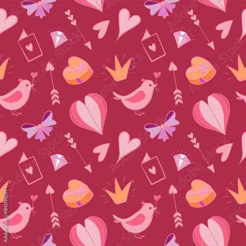Seamless pattern with adorable Valentine doodles: hearts, gifts, arrows, and romantic icons. Playful hand-drawn style for wrapping paper, textiles, wallpapers, and holiday backgrounds.