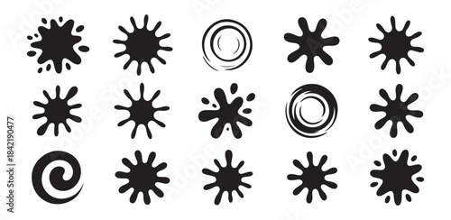 Array of black ink blots, paint splashes, and spiral designs for various grunge style projects