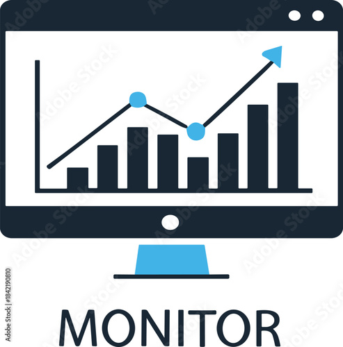 Monitor screen with upward bar chart line graph data analysis financial growth performance tracking vector