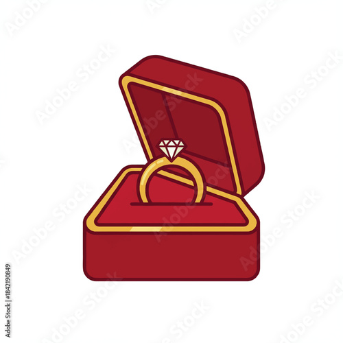Red ring box open with diamond engagement ring inside.