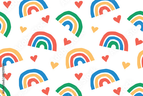 Flat cartoon vector illustration of colorful kids rainbow pattern with cute hearts, bright naive style, playful cheerful mood, seamless decorative design for children prints and creative projects